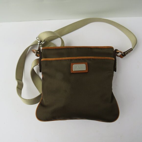 Lauren Ralph Lauren Vintage Surplus Olive Green Tan Leather Trim Crossbody Bag - Picture 2 of 16